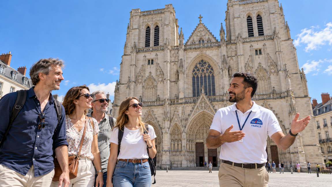 Guide-conférencier lors d'une visite guidée à Nantes, près de la cathédrale Saint-Pierre-et-Saint-Paul